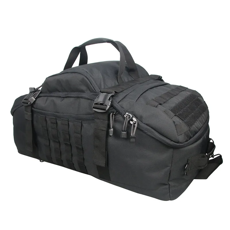 Large black rucksack with a tactical army design. 