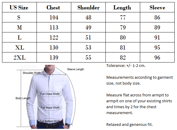 Fishing shirt size measurement chart.
