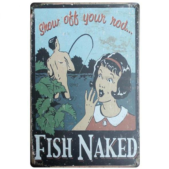 fish naked retro vintage metal sign for sale at Guts Fishing Apparel