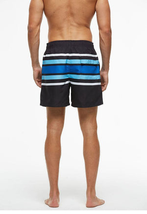 Male model wearing black swim shorts with blue and white stripes. 