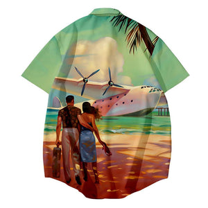 Vintage Cuban shirt. Couple on beach looking at a seaplane.