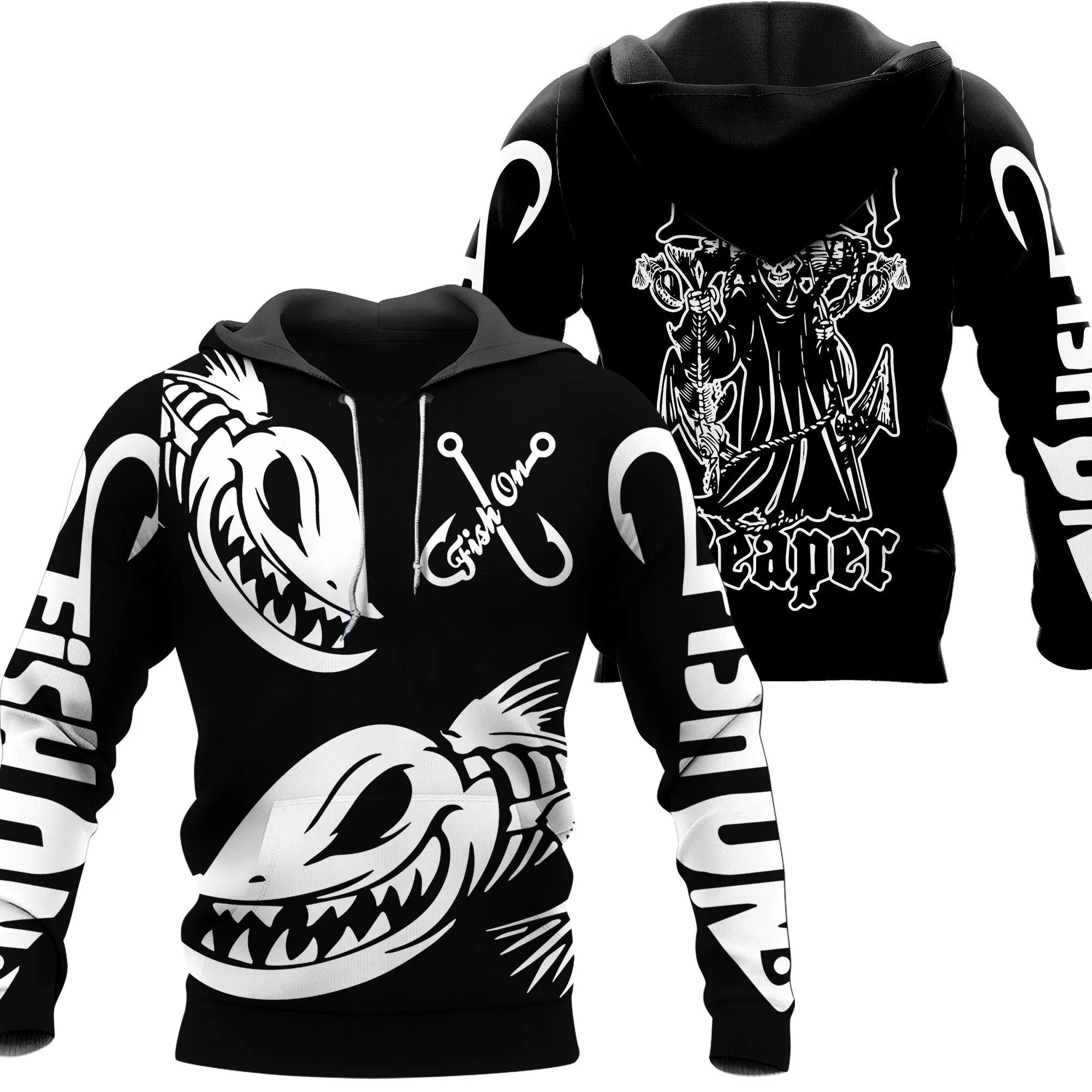 Fish Reaper hoodie. Black with white text. Two big angry fish on front. 