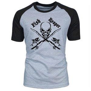 Grey Raglan T-shirt with black sleeves. Fish Reaper text with skull and fishing rod design on front. 