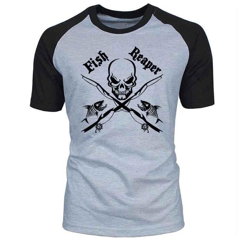Men's raglan t-shirt with skull, crossed fishing rods and fish print. The words Fish Reaper also appear on the front. 