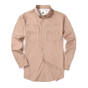 Long sleeve khaki fishing shirt. Button up with multiple chest pockets. Moisture wicking liner. 