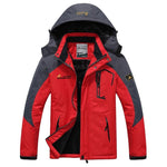 Men's red waterproof jacket with warm fleece lining. Windbreaker with hood and zip pockets. 