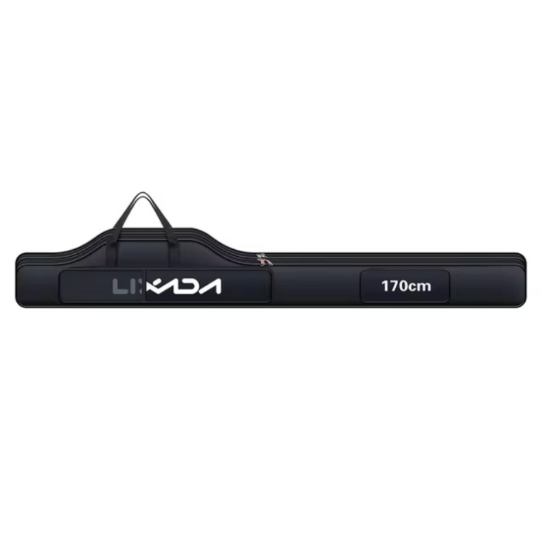 Black fishing rod carry bag that's 170cm long on white background.