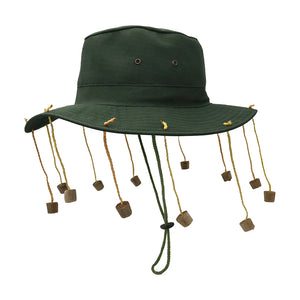 Dark green wide brim bucket hat with corks hanging down from the brim on yellow rope.