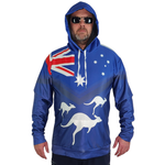 Australia flag hooded sweatshirt being worn by male model with beard wearing sunglasses.