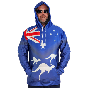 True Blue Australian hoodie with Union Jack, kangaroo and star design being worn by male model.