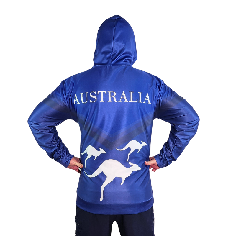 Man wearing a blue shirt with long sleeve and hood. It also has Australia written across the back with kangaroos hopping.