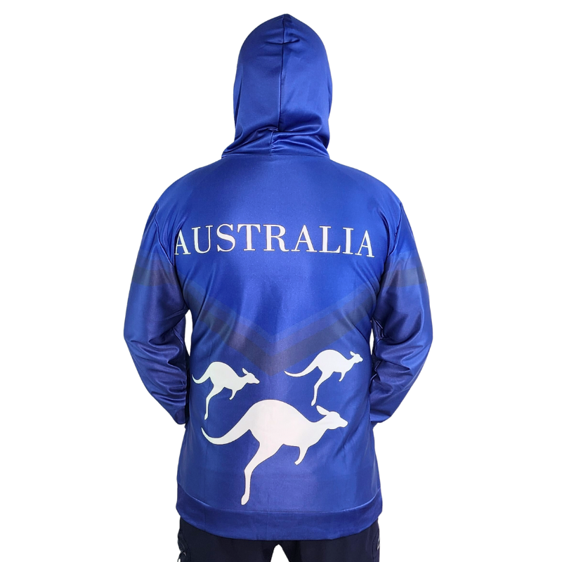 Blue hoodie with Australia written and kangaroos hopping across the back. 