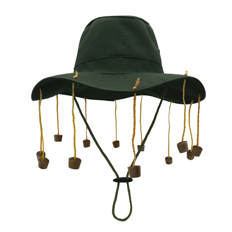 Dark green hat with cork tassels dangling down from the brim on white background. 