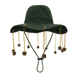 Dark green hat with cork tassels dangling down from the brim on white background. 