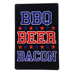 American style BBQ Beer Bacon tin metal sign. Black red, and stars. Size 20cm x 30 cm. 