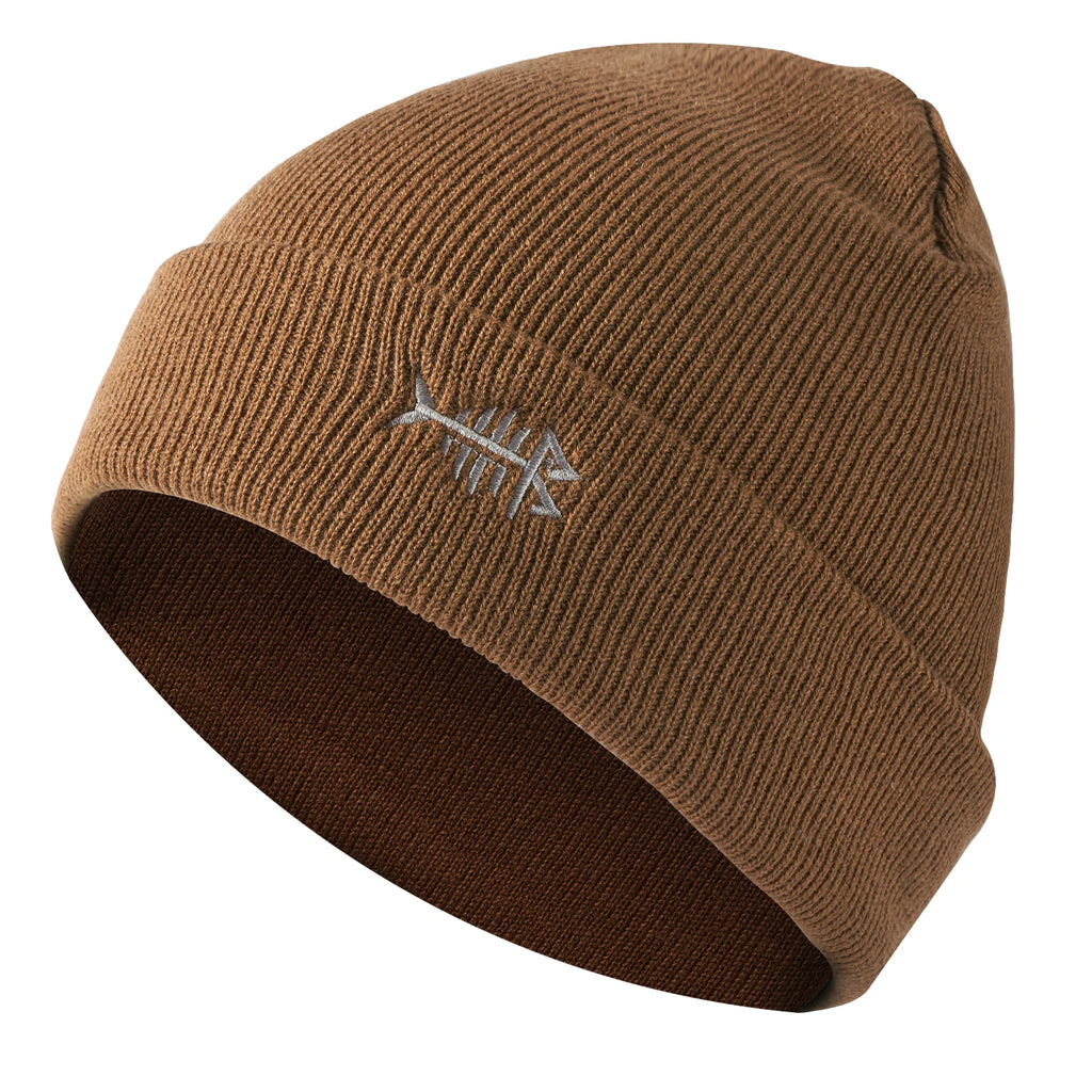 Brown beanie with fish emblem. 