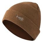 Brown beanie with fish emblem. 