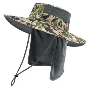 Camouflage sun hat with neck flap on a white background.