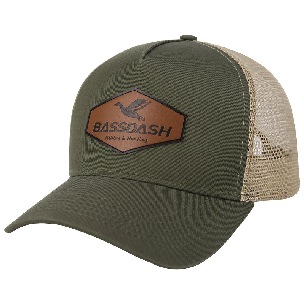 Green trucker cap with a brown leather patch featuring 'Bassdash' branding on a white background.
