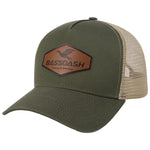 Green trucker cap with a brown leather patch featuring 'Bassdash' branding on a white background.