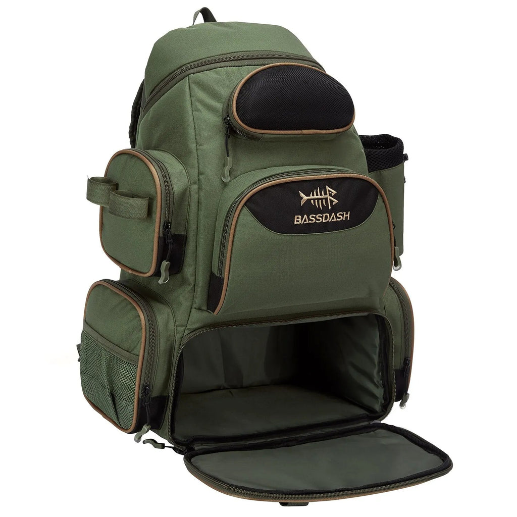 Green backpack used for fishing. The brand name is Bassdash.