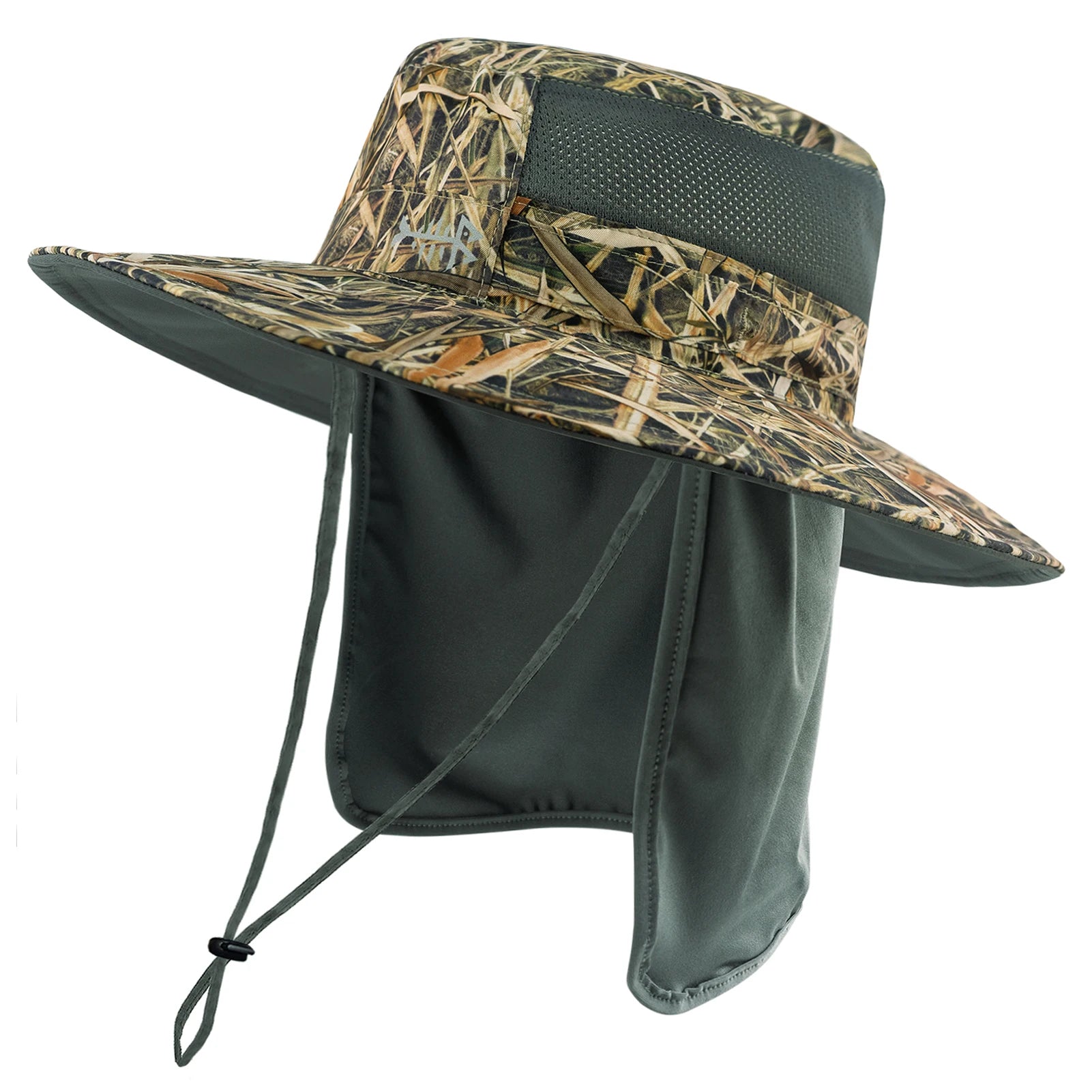 Vented fishing hat with flap neck cover and chin strap.