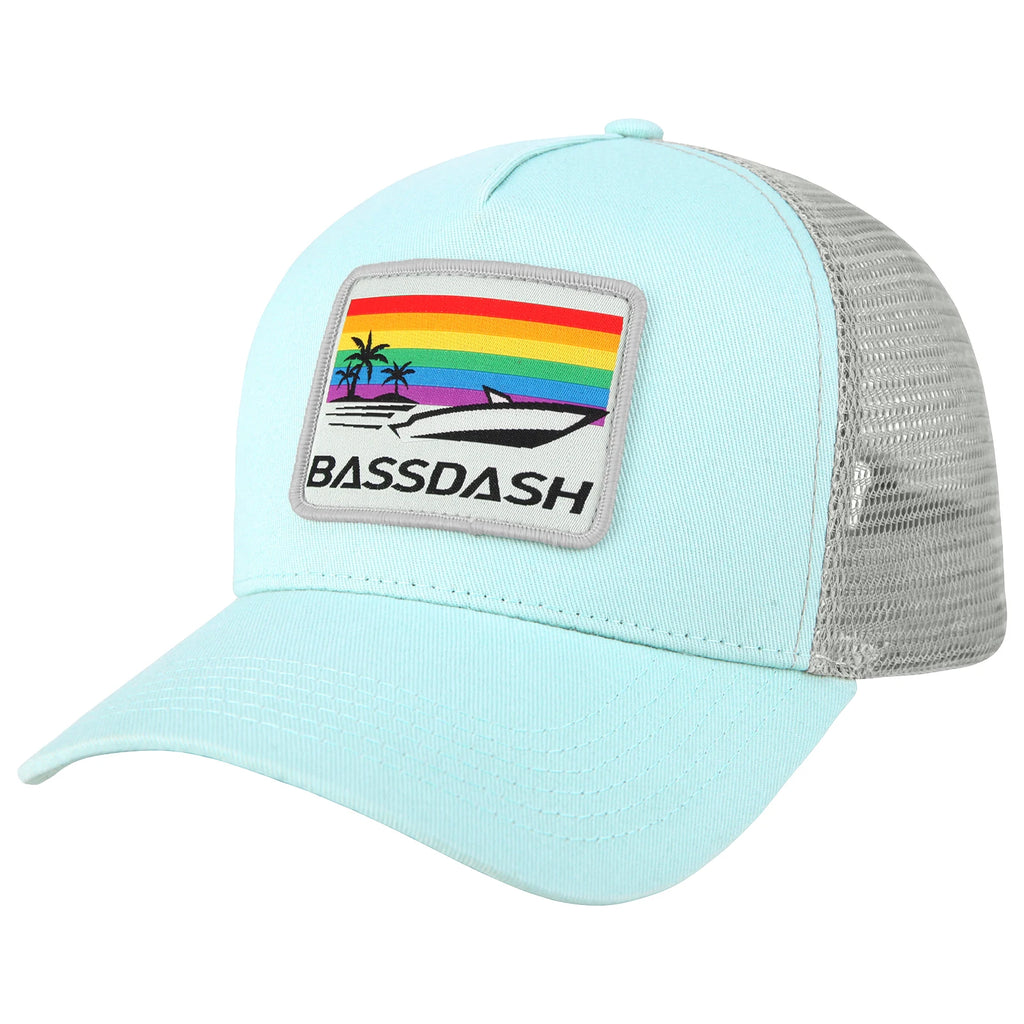 Light blue cap with rainbow patch and 'BASSDASH' branding on a white background.