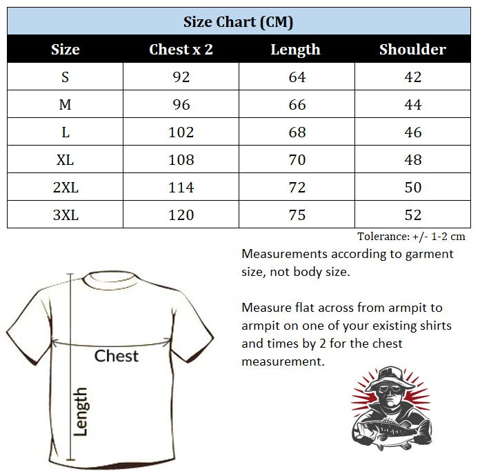 Size chart for t-shirts with measurements in centimetres.