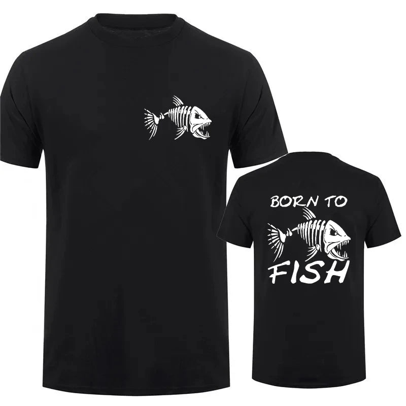 Black t-shirt with fish skeleton design on front and 'Born to Fish' text on back.

