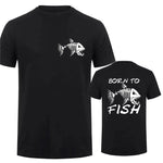 Black t-shirt with fish skeleton design on front and 'Born to Fish' text on back.
