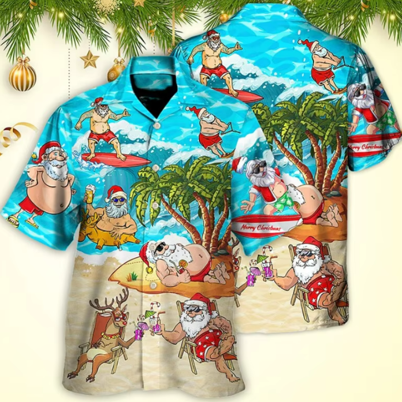 Christmas themed Hawaiian shirt showcasing Santa surfing and lazing at the beach.