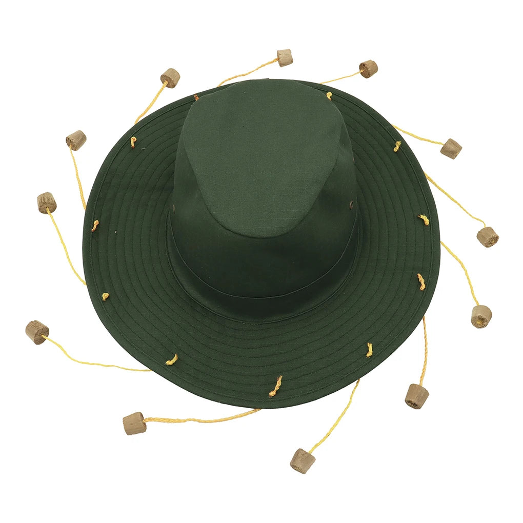 Corks attached to the brim of a dark green hat by  yellow rope on white background.