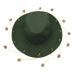 Corks attached to the brim of a dark green hat by  yellow rope on white background.