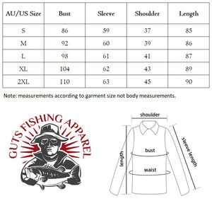 Size chart for clothing with measurements and Guts Fishing Apparel logo.