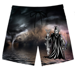 Men's quick drying boardshorts with the Grim Reaper holing a fish Skelton and a fishing rod with a dark storm in the background. 