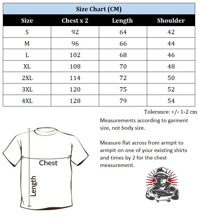 Size chart for shirts in centimetres with a diagram of a t-shirt and measurement instructions.