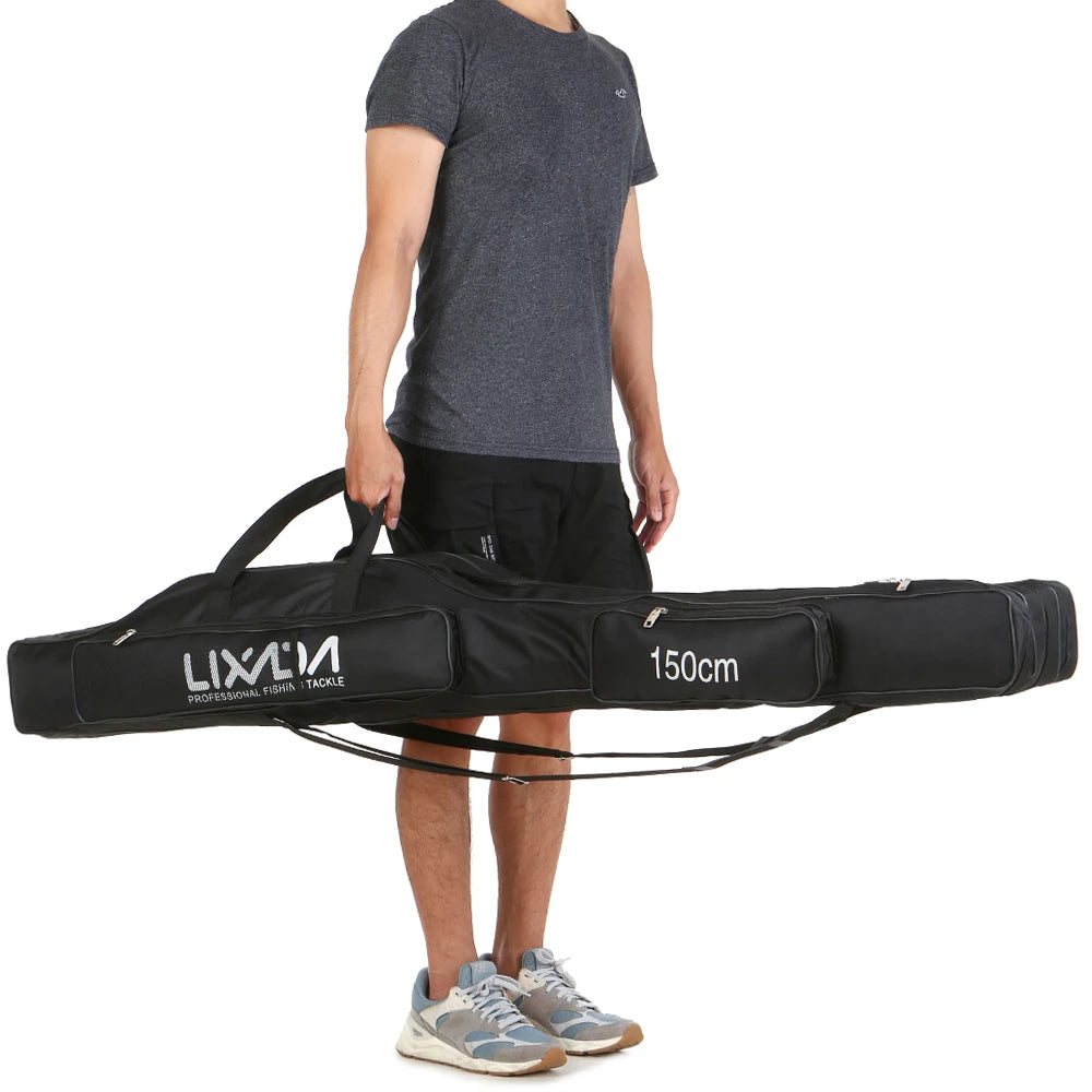 Person holding a black Lixada fishing rod carry bag on a white background