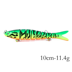 10 centimetre long fishing lure. It is green with black stripes with orange underneath.