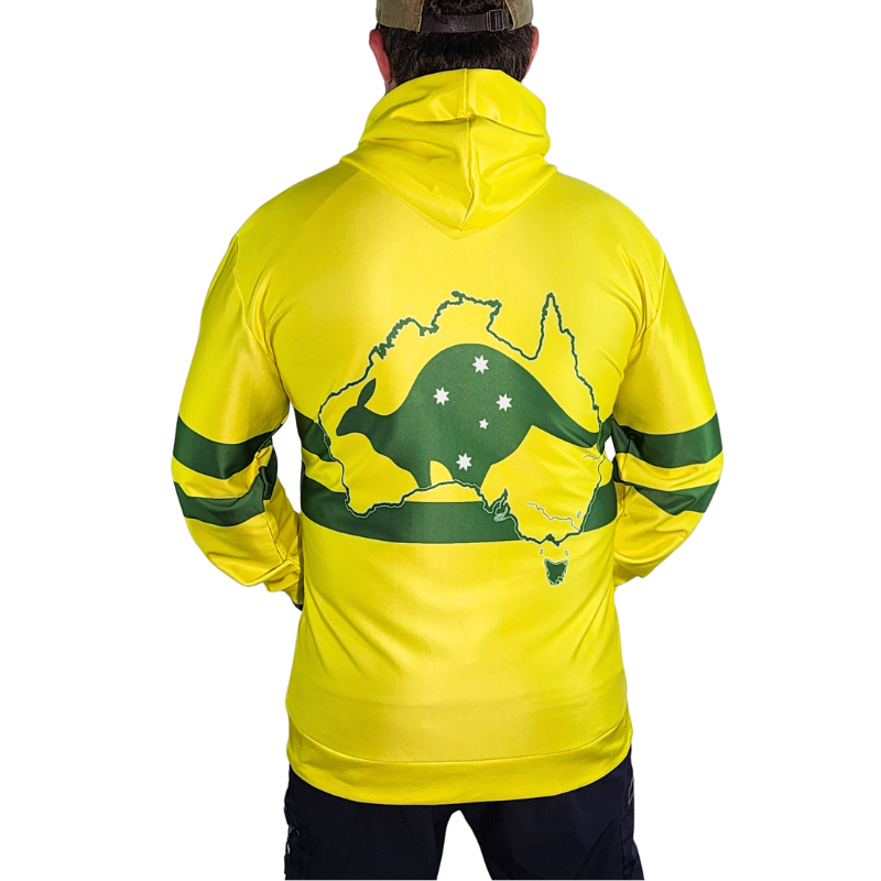 Bight gold long sleeve pullover with hood. The shirt also has a map of Australia and a kangaroo printed on the back.  