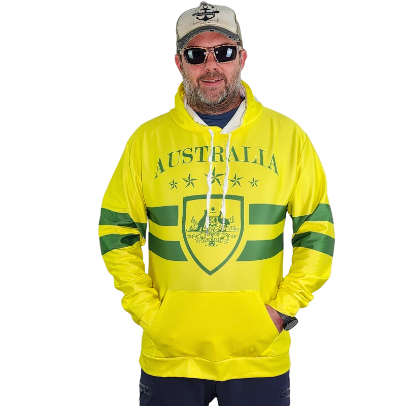 Green and gold Australia hoodie. Long sleeve Australia themed sweatshirt. Featuring the Australian Coat of Arms on the front. 