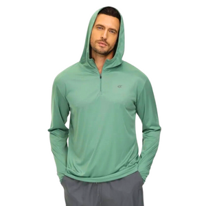 Male model wearing the olive green 1/4 Zip Hooded Sun Shirt.