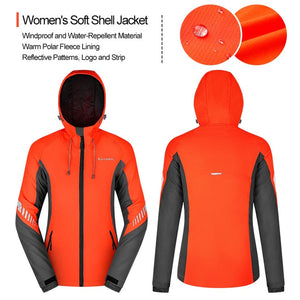 Front and back profile of the Women's Kutook Softshell Hiking Jacket. The jacket also has reflective strips for added safety. 
