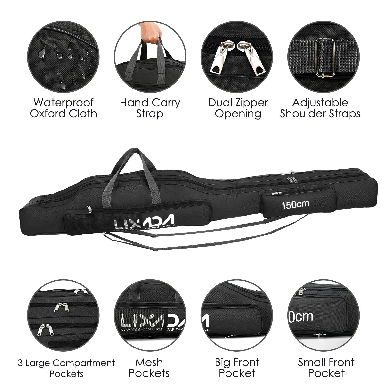 Black Lixada fishing rod bag with features highlighted on a white background.