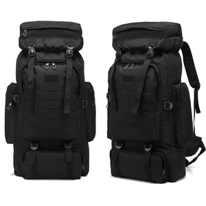 Large black backpack with molle system design.