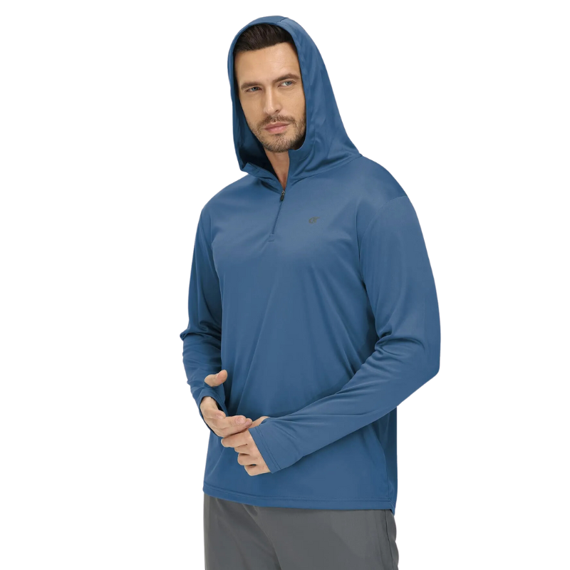 Male model wearing the dark blue 1/4 Zip Hooded Sun Shirt.