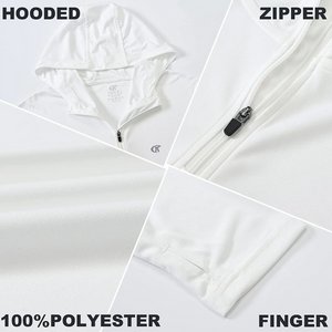 Cuff, zip and hood product features on the white 1/4 Zip Hooded Sun Shirts.