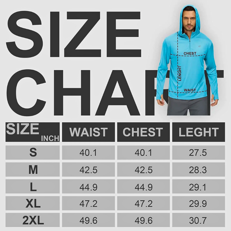 Size chart showing measurements for the men's 1/4 Zip Hooded Sun Shirts.