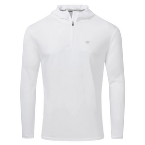 Men's lightweight long sleeve UPF 50 + sun protection shirt. White with a zip at the front and a hood. 