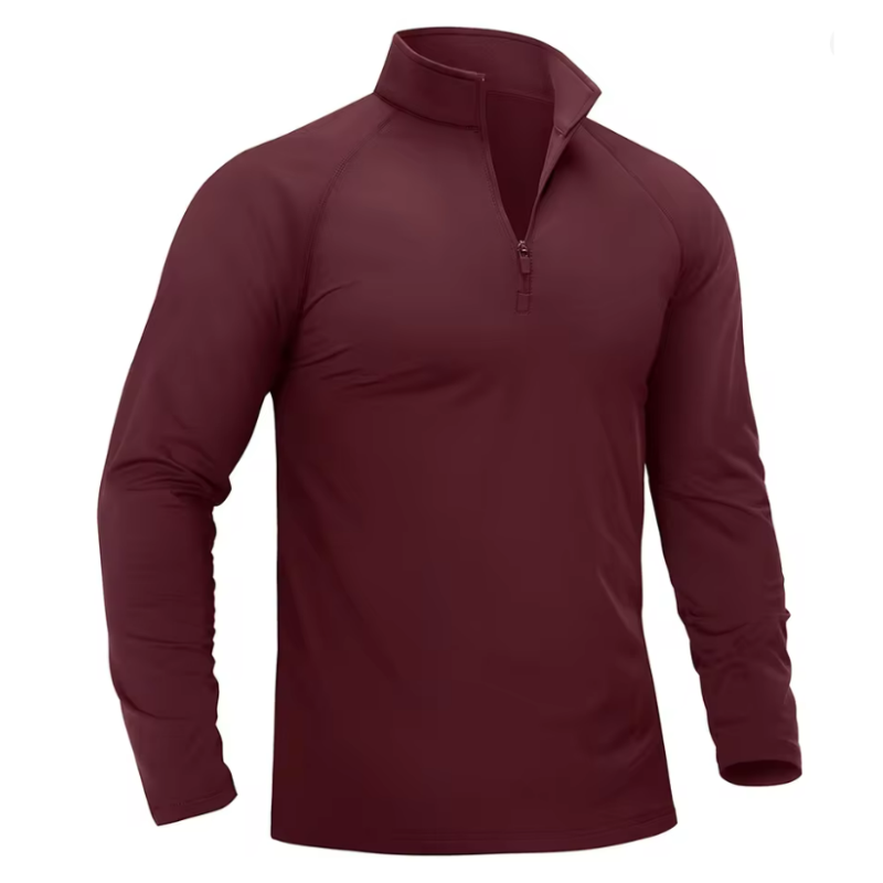 A maroon long sleeve collared shirt.
