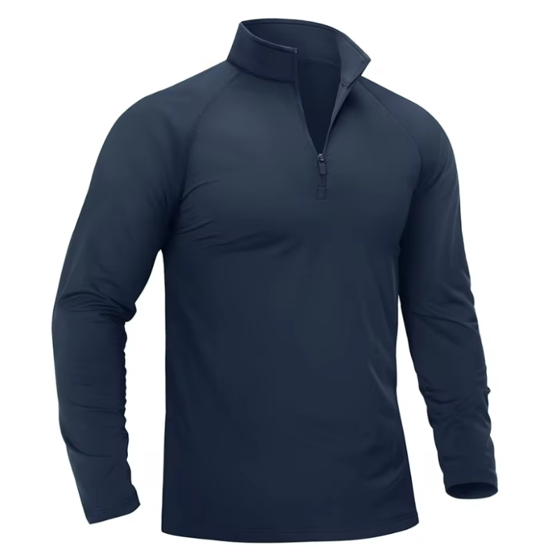 Men's navy thermal shirt with zip collar.
